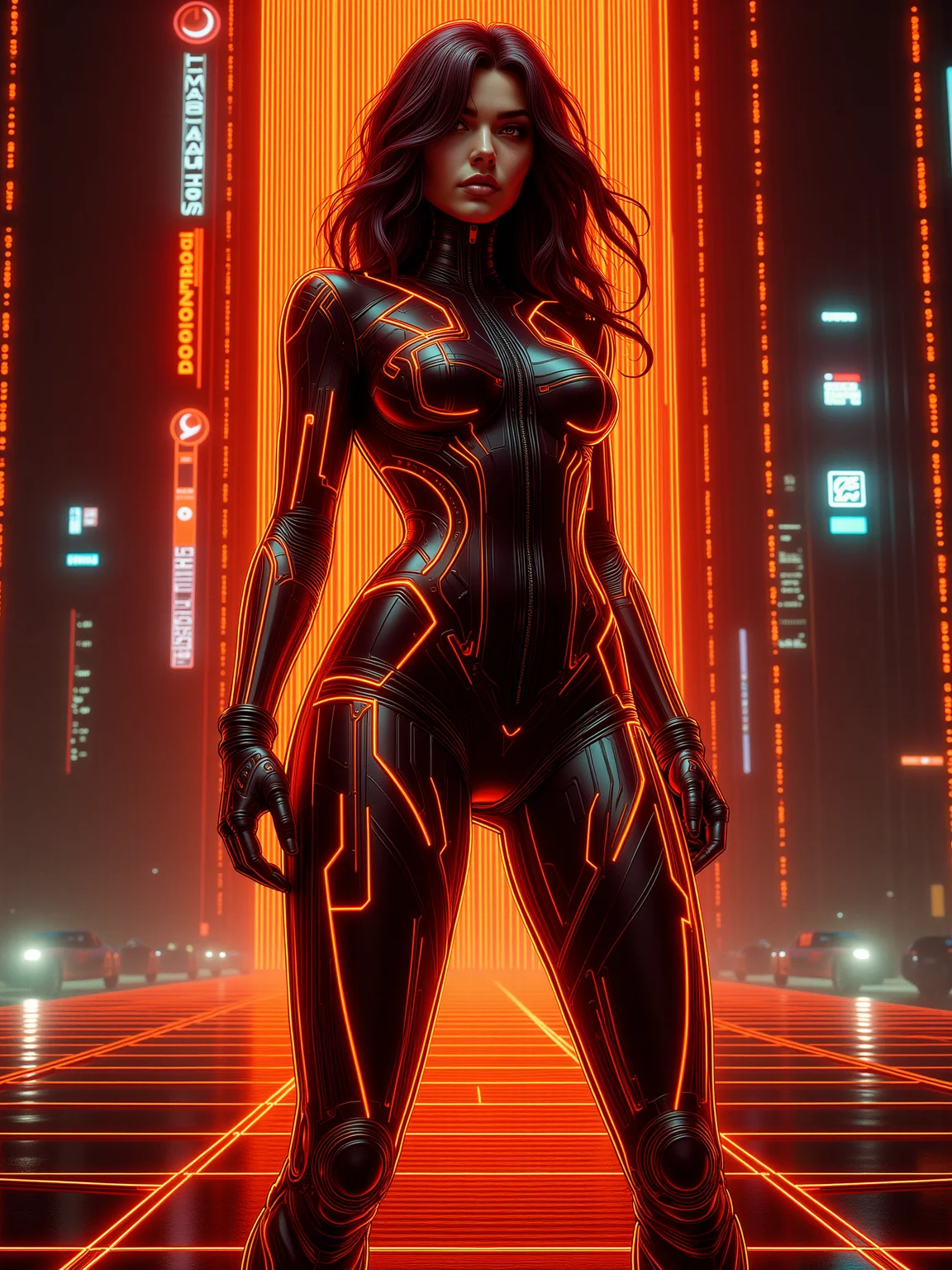 mad-cyberspace, woman, dynamic pose, orange glowing outlines, grid, cyberpunk, 1980s, scifi, cityscape <lora:Neon_Cyberpunk_Cyberspace_FLUX:0.9>