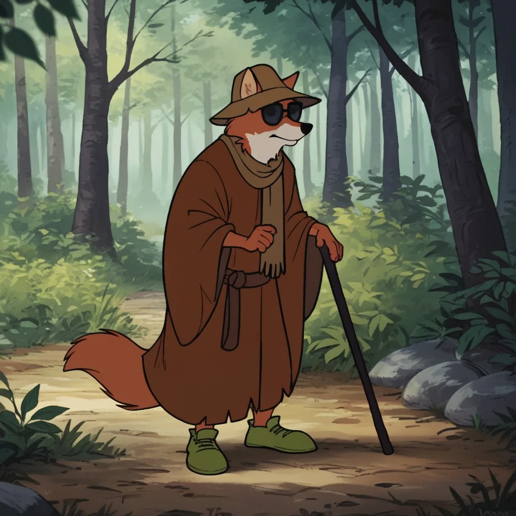 score_9, score_8_up, score_7_up, score_6_up, score_5_up, score_4_up, source_furry,RobinhoodRH, anthro, male, fox, orange fur, brown cloak, brown hat, brown scarf, green shoes, cane, sunglasses, poncho, standing, forest, robe, solo, <lora:412d46af-ba20-4cf4-8921-93bce25af952:0.7>