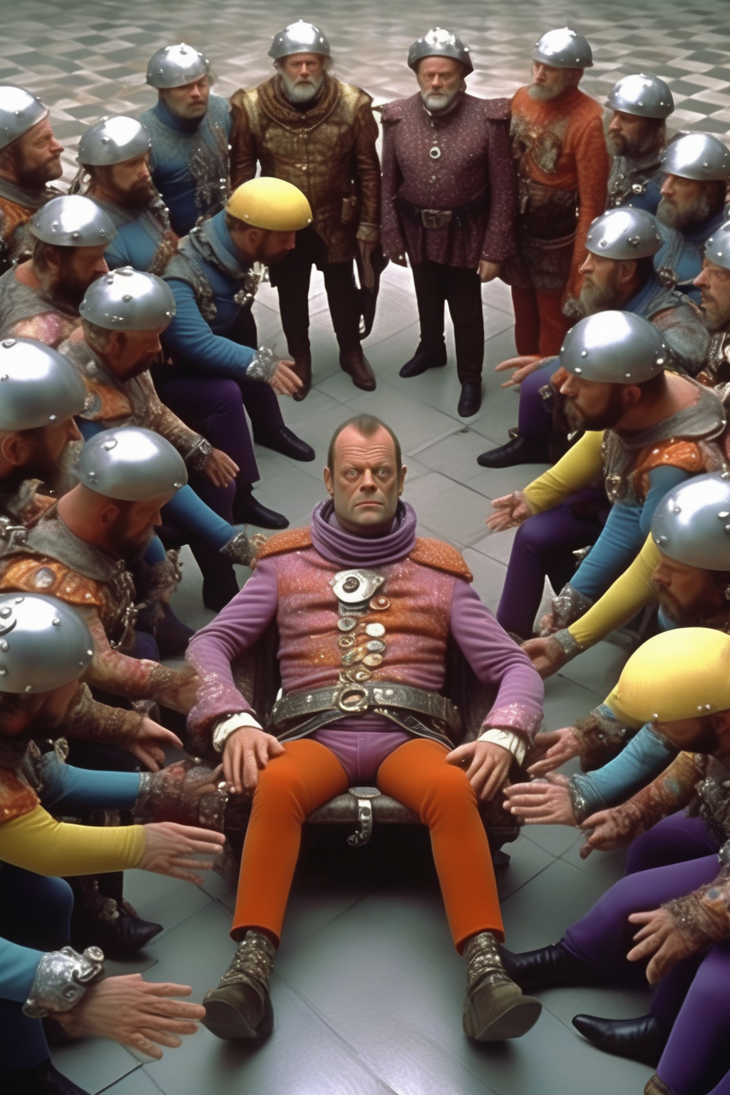 <lora:Terry Gilliam Style:1>Terry Gilliam Style - Dive into the whimsical world of Terry Gilliam as the camera hones in on the thief's knee, captured and immobilized by handcuffs on the ground, while an ensemble of police officers, donning colorful and mismatched uniforms, encircle him with a blend of sternness and bemusement. Directed by Terry Gilliam.film still,Photorealistic