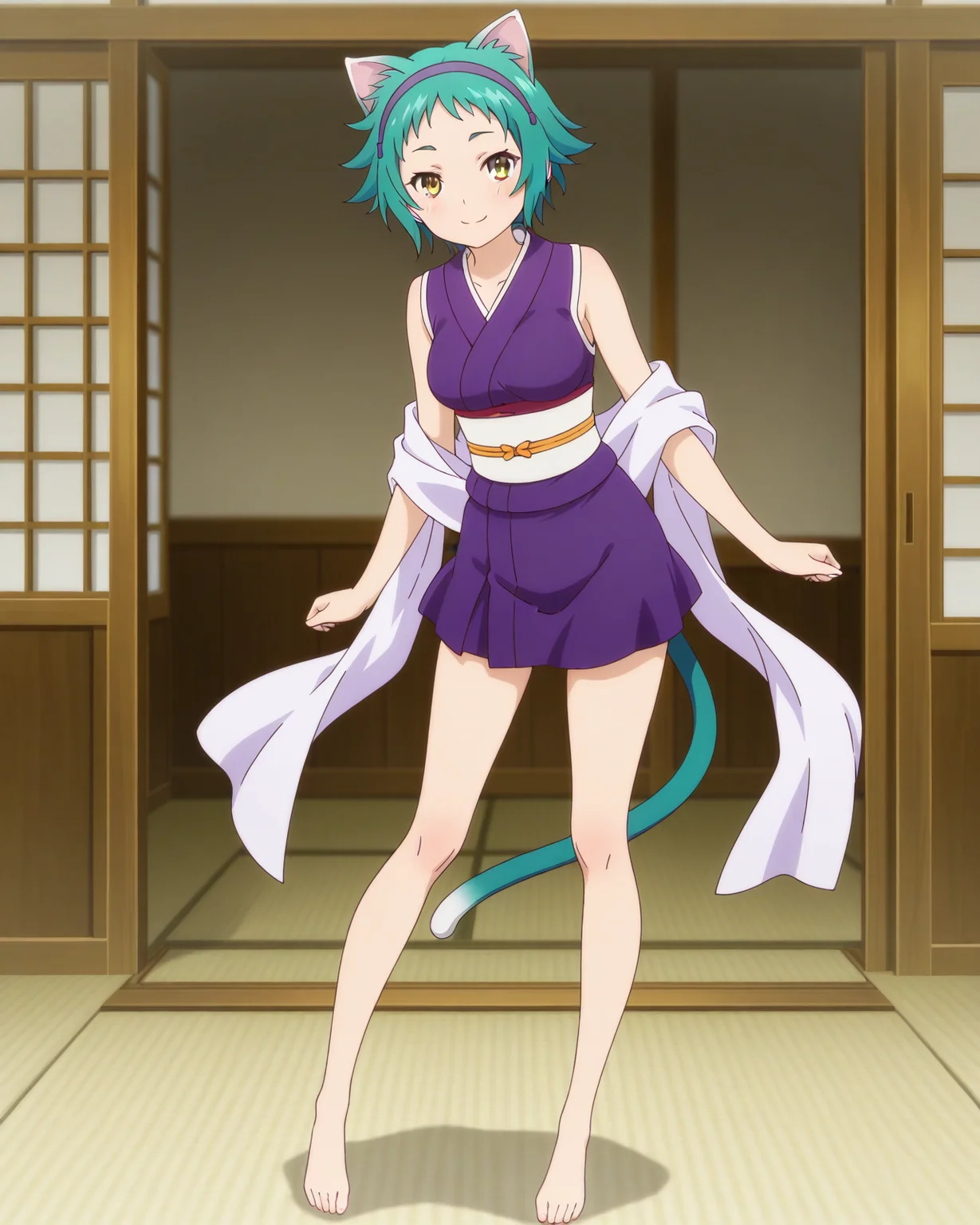 (purple sleeveless kimono obi sash hairband:1.50),
ys-yaya, green hair, short hair, yellow eyes,
1girl, (solo:1.60), skinny,
(masterpiece, best quality, amazing quality, absurdres, high quality, highres, masterpiece),
happy,
full body
,
(:1.40),
BREAK,
school,
,
(anime coloring),
medium breasts,
cat ears, cat tail
<lora:ys-yaya-V01-illXL:0.80>