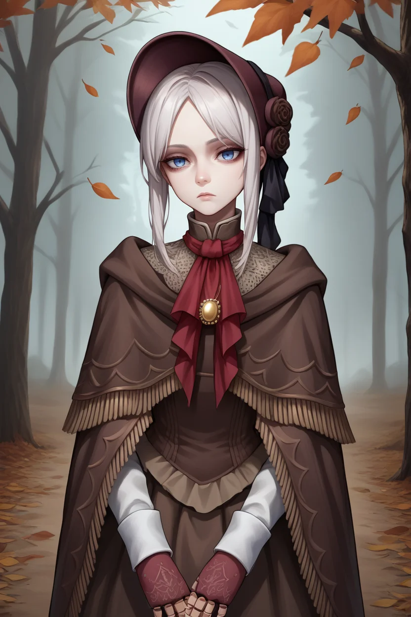 score_9, score_8_up, source_7_up, source_anime BREAK 1girl <lora:plaindoll-pdxl-nvwls-v1:1> plaindoll, white hair, doll joints, bonnet, red ascot, brown cloak, brown dress, gloves, looking at viewer, expressionless, forest, trees, fallen leaves, path, dark skies, grey sky, looking at viewer, desaturated, muted palette