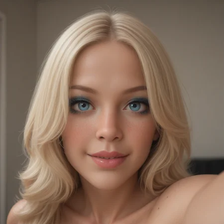 best, masterpiece, Domi with wavy blonde hair and blue eyes, extreme closeup, exotic colorful makeup, model face, model pose, selfie, highly detailed skin texture, freckles, highly detailed photo, professional photograph, dynamic lighting