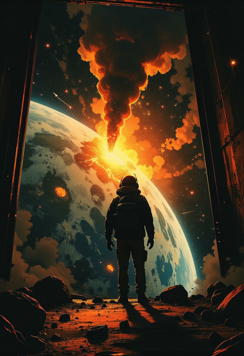 Fpv, First Person View, collision style, seeing your hands at a window to planet earth from outer space, amazing quality, masterpiece, best quality, hyper detailed, ultra detailed, UHD, perfect anatomy, portrait, dof, hyper-realism, majestic, awesome, inspiring, fpv,  real, charred and burning eclipse, cinematic, global illumination, dramatic, tearing the sky, atmospheric haze, cinematic composition, soft shadows, A dystopian, photorealistic digital composite with heavy film grain and surreal cinematic lighting: captured from a god's-eye view in orbit, the curved horizon of Earth is struck by a colossal asteroid impact. A massive, fiery explosion blossoms across the planet’s surface, glowing in violent reds and oranges, with debris and smoke trails piercing into space. A single human hand reaches upward from the bottom of the frame toward the impact zone — silhouetted, desperate, fingers splayed wide against the vivid planetary glow. The thin blue line of Earth's atmosphere clings faintly to the curve of the planet. A blinding white sun in the upper left creates harsh lens flares and overexposed streaks across the frame. The overall image has deep contrast, gritty film texture, subtle chromatic aberration, and surreal clarity — evoking the final, quiet seconds before annihilation. Wide-angle, ethereal and hyperreal, in the style of dark sci-fi dystopia, godpov, ethdysty.