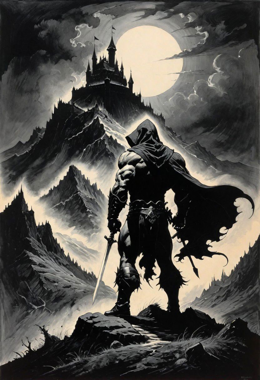 highly detailed ink drawing in the style of Frank Frazetta. A formidable muscular figure shrouded in a dark hood, walking towards a sinister-looking castle, jagged mountains rise ominously, silhouetted against a tempestuous, roiling sky.