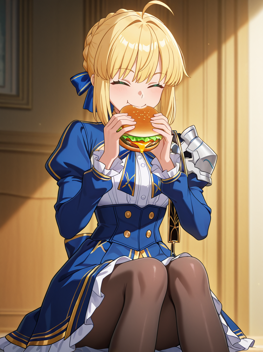 masterpiece, best quality, amazing quality, very aesthetic, absurdres, newest,shiny skin, <lora:anime_screencap:1> anime screencap, anime coloring ,  <lora:SabrHonkaiStarRail:1>saberhsr, blonde hair, 1girl, solo, ahoge, pantyhose, dress, ribbon, braid, green eyes, blue dress, hair ribbon, long sleeves, bow, single pauldron,  sitting, eating eating a burger holding burger, smile closed eyes,