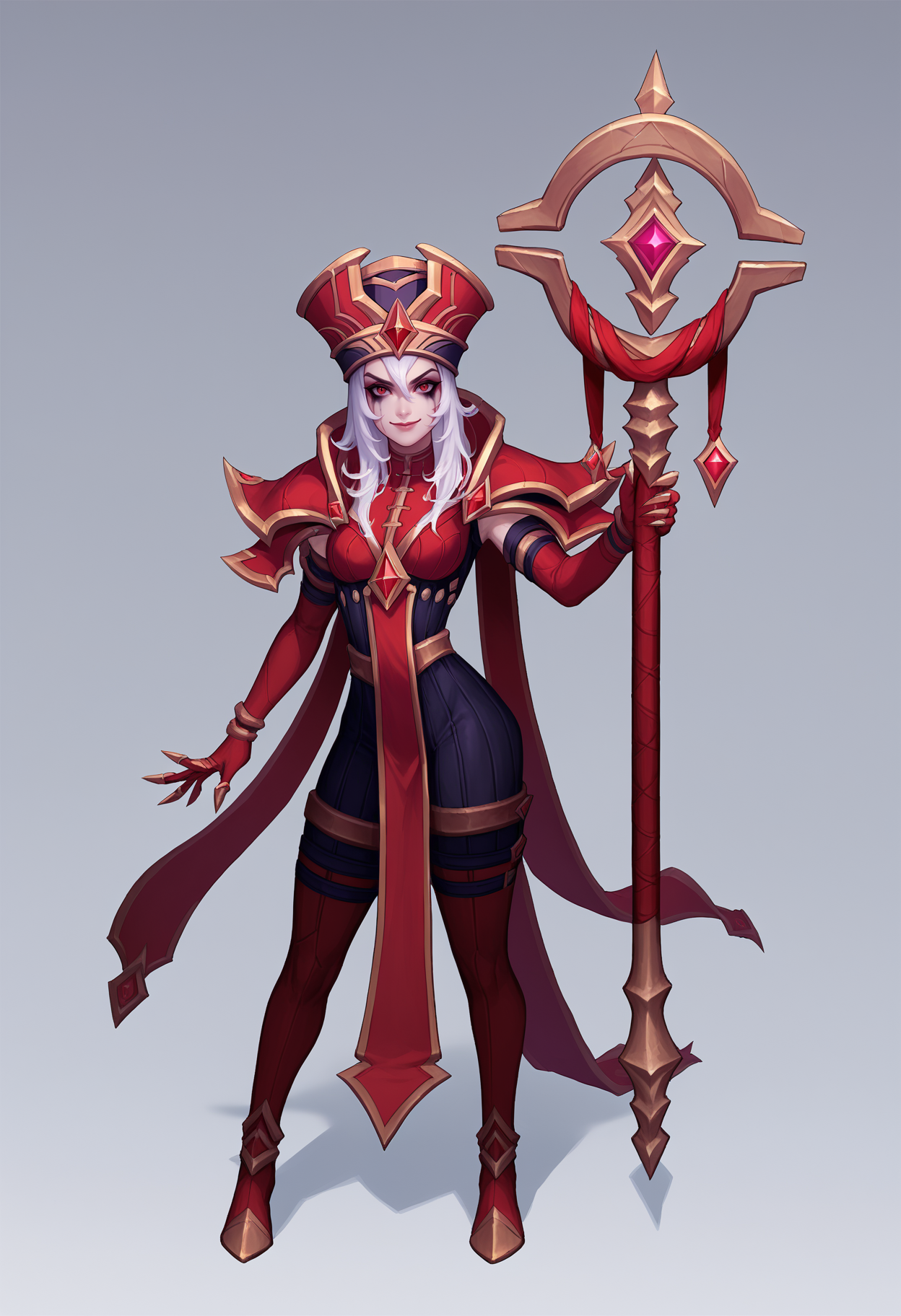 score_9, score_8_up, score_7_up, BREAK,
1girl, sallywhitemane, white hair, long hair, red eyes, runny makeup,
armor, bodysuit, pauldrons, thighhighs, elbow gloves, pelvic curtain, thigh boots,
evil smile,
holding staff, standing, full body, looking at viewer, solo, simple background, white background   <lora:SallyWhitemaneXL:1>