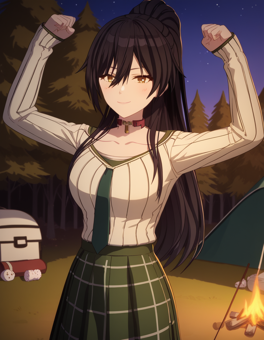 score_9, score_8_up, score_7_up, source_anime, <lora:sakuya-shirase-s2-ponyxl-lora-nochekaiser:1>, sakuya shirase, black hair, hair between eyes, long hair, ponytail, yellow eyes, large breasts,, collarbone, green necktie, green skirt, necktie, open collar, plaid, plaid skirt, pleated skirt, school uniform, shirt, skirt, white shirt,, camping, bonfire, tent, stargazing, marshmallows, forest clearing, night, , <lora:colombia-pose-ponyxl-lora-nochekaiser:1> colombia pose, colombia pose (meme), meme, raised fists, victory pose, arms up, smile, smug,, blush, cowboy shot,, looking at viewer, solo,, dutch angle, cowboy shot