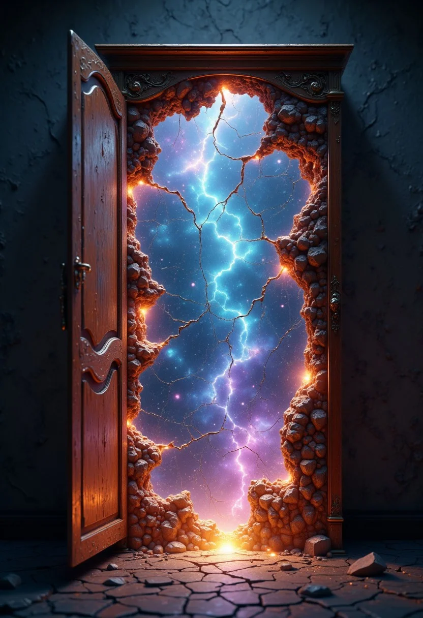 A cinematic shot of an open wardrobe with its back wall breaking apart, revealing cracks that expose a vast, swirling galaxy and multiple universes beyond. The wardrobe is situated in a dimly lit room, the wood grain worn and slightly aged. Through the glowing galaxy cracks in the wardrobe's back, ethereal light pours in from the distant stars, nebulae, and cosmic structures. The galaxies shine with vivid colors, deep purples, glowing blues, and radiant golds, creating a stark contrast against the ordinary, muted tones of the wardrobe and room. Wisps of cosmic dust drift from the fractures, blurring the boundary between the mundane and the extraordinary. The shot captures the moment of transition, as if reality itself is tearing open.