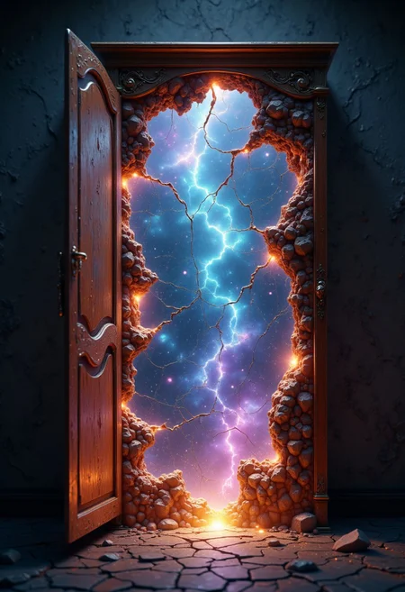 A cinematic shot of an open wardrobe with its back wall breaking apart, revealing cracks that expose a vast, swirling galaxy and multiple universes beyond. The wardrobe is situated in a dimly lit room, the wood grain worn and slightly aged. Through the glowing galaxy cracks in the wardrobe's back, ethereal light pours in from the distant stars, nebulae, and cosmic structures. The galaxies shine with vivid colors, deep purples, glowing blues, and radiant golds, creating a stark contrast against the ordinary, muted tones of the wardrobe and room. Wisps of cosmic dust drift from the fractures, blurring the boundary between the mundane and the extraordinary. The shot captures the moment of transition, as if reality itself is tearing open.