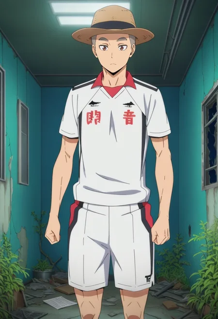 masterpiece, best quality, intricate details, anime screencap, anime coloring, official style, , 1boy, solo, male focus, <lora:Tamahiko_Teshiro-000009:0.98>, tamahiko_teshiro, grey hair, very short hair, brown eyes, abandoned factory, broken windows, rusted beams, overgrown plants, exploring pose, cautious expression, eerie lighting, Geometric Utility shorts, Turtleneck sweater, , Panama hat,