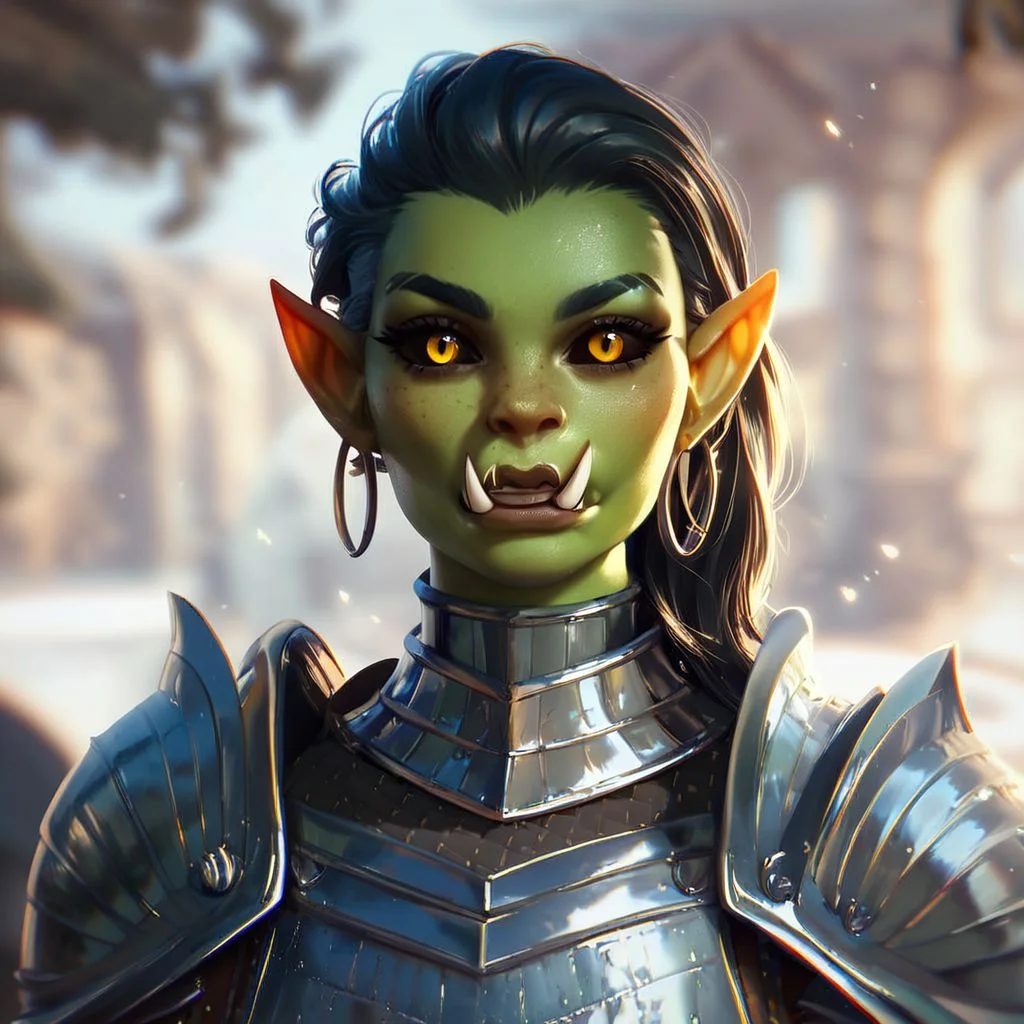 (((beautiful, high quality))), upper Body, score_9, score_8_up, score_7_up,
Orc, fangs, pointed ears, black sclera, 1girl, green skin, yellow eyes, black hair, armor,
looking at the viewer, posing,
blurred background,