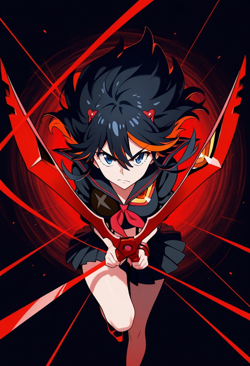 masterpiece, vibrant colours, HD32K, highly detailed, ryuko matoi (kill la kill), black serafuku, suspender straps,  dynamic, abstract dark background