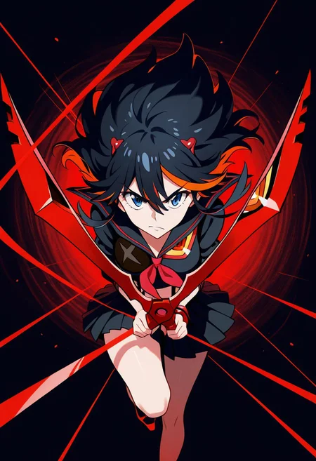 masterpiece, vibrant colours, HD32K, highly detailed, ryuko matoi (kill la kill), black serafuku, suspender straps, dynamic, abstract dark background