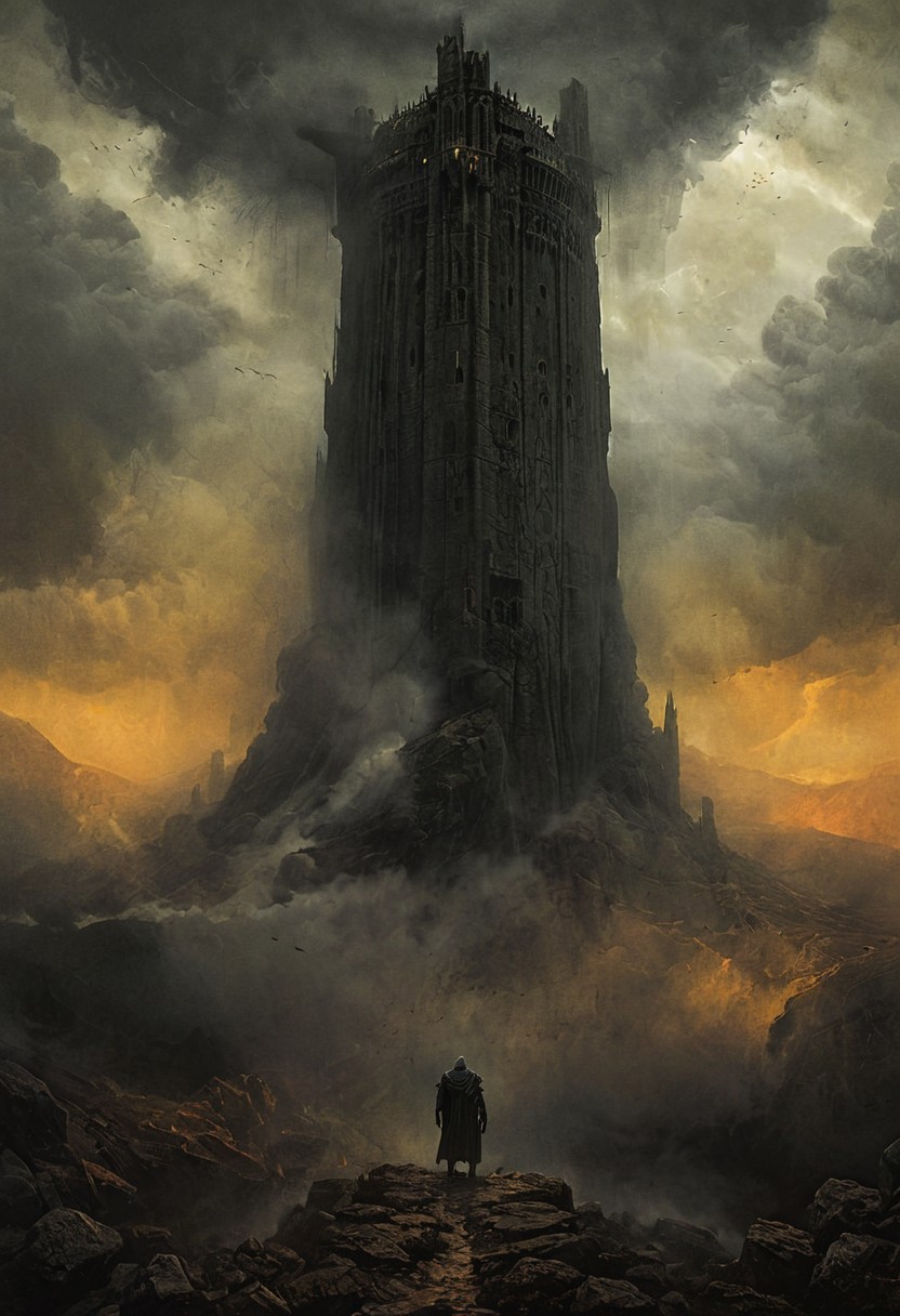 Impossibly tall tower on the top of a mountain, tower extending through the clouds, a lone knight walks towards the tower from the viewer, sense of scale, landscape, gray stone, digital artwork by Beksinski, subtle colors, yellow and orange theme, a thick toxic haze, menacing storm clouds, dark, elden ring, dark souls, grim, epiCPhoto, very long yellow lightning, art by hr giger
