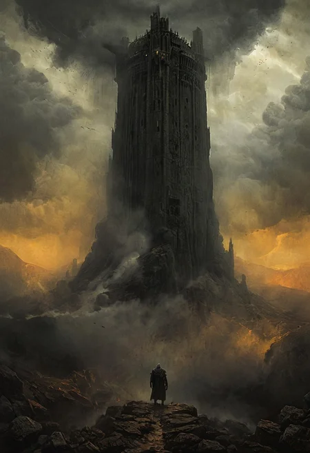 Impossibly tall tower on the top of a mountain, tower extending through the clouds, a lone knight walks towards the tower from the viewer, sense of scale, landscape, gray stone, digital artwork by Beksinski, subtle colors, yellow and orange theme, a thick toxic haze, menacing storm clouds, dark, elden ring, dark souls, grim, epiCPhoto, very long yellow lightning, art by hr giger