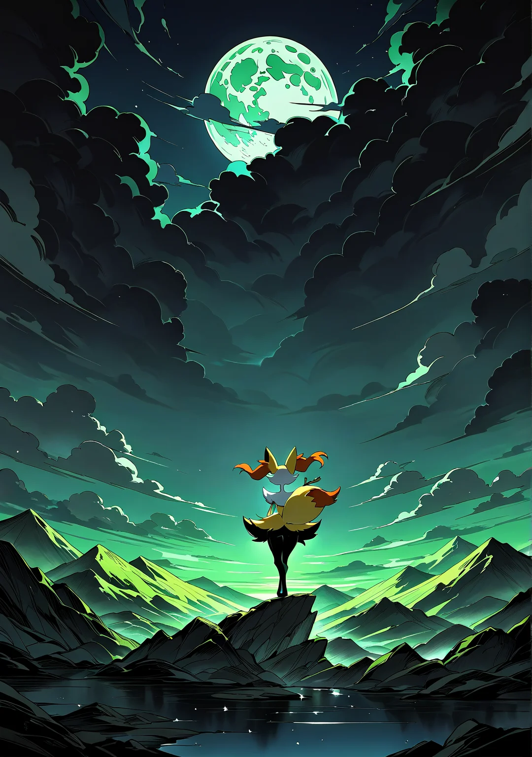 masterpiece,best quality,amazing quality, mmshd, solid black shading, braixen, solo, mountain, dark clouds, moon, gradient background, blue skies, green skies