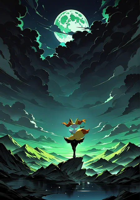masterpiece,best quality,amazing quality, mmshd, solid black shading, braixen, solo, mountain, dark clouds, moon, gradient background, blue skies, green skies