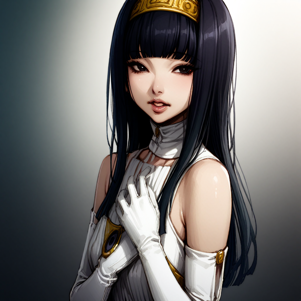 masterpiece, best quality, very aesthetic, yuriko, long hair, black hair, blunt bangs, gloves, black eyes, white gloves, lips, dress, hairband, elbow gloves, bare shoulders