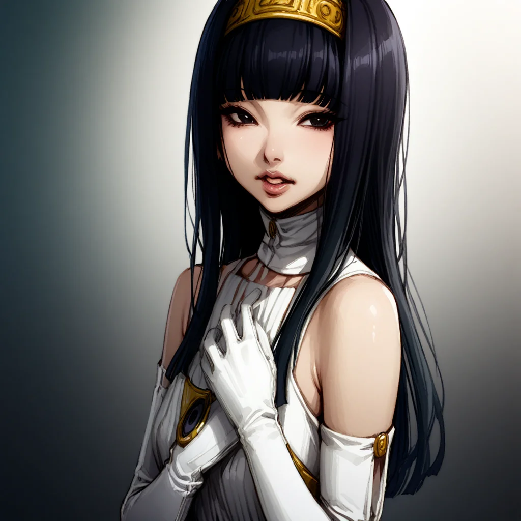 masterpiece, best quality, very aesthetic, yuriko, long hair, black hair, blunt bangs, gloves, black eyes, white gloves, lips, dress, hairband, elbow gloves, bare shoulders
