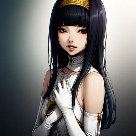 masterpiece, best quality, very aesthetic, yuriko, long hair, black hair, blunt bangs, gloves, black eyes, white gloves, lips, dress, hairband, elbow gloves, bare shoulders