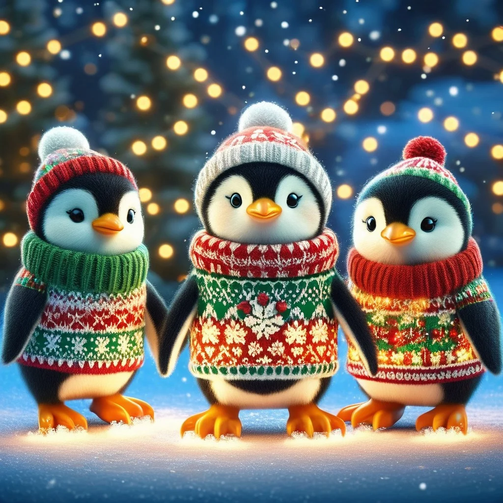 A group of adorable penguins ice skating on a frozen pond, surrounded by snowy trees illuminated with colorful twinkling Christmas lights. Each penguin wears a unique Christmas sweater: one with candy canes, another with snowflakes, and one with a festive reindeer design. Some penguins also wear tiny matching scarves or hats. The pond reflects the colorful lights, creating a magical glow. Whimsical and festive atmosphere, realistic sweater textures, cinematic lighting, 4K resolution. ChristmasSweater