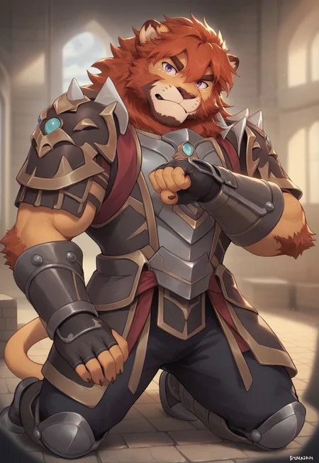 score_9, score_8_up, score_7_up, source_anime, furry, 1boy, solo, maximus, lion boy, purple eyes, shoulder armor, armor, pants, fingerless gloves, kneeling, looking at viewer, indoors, in castle, brave pose, light shine, stone bricks