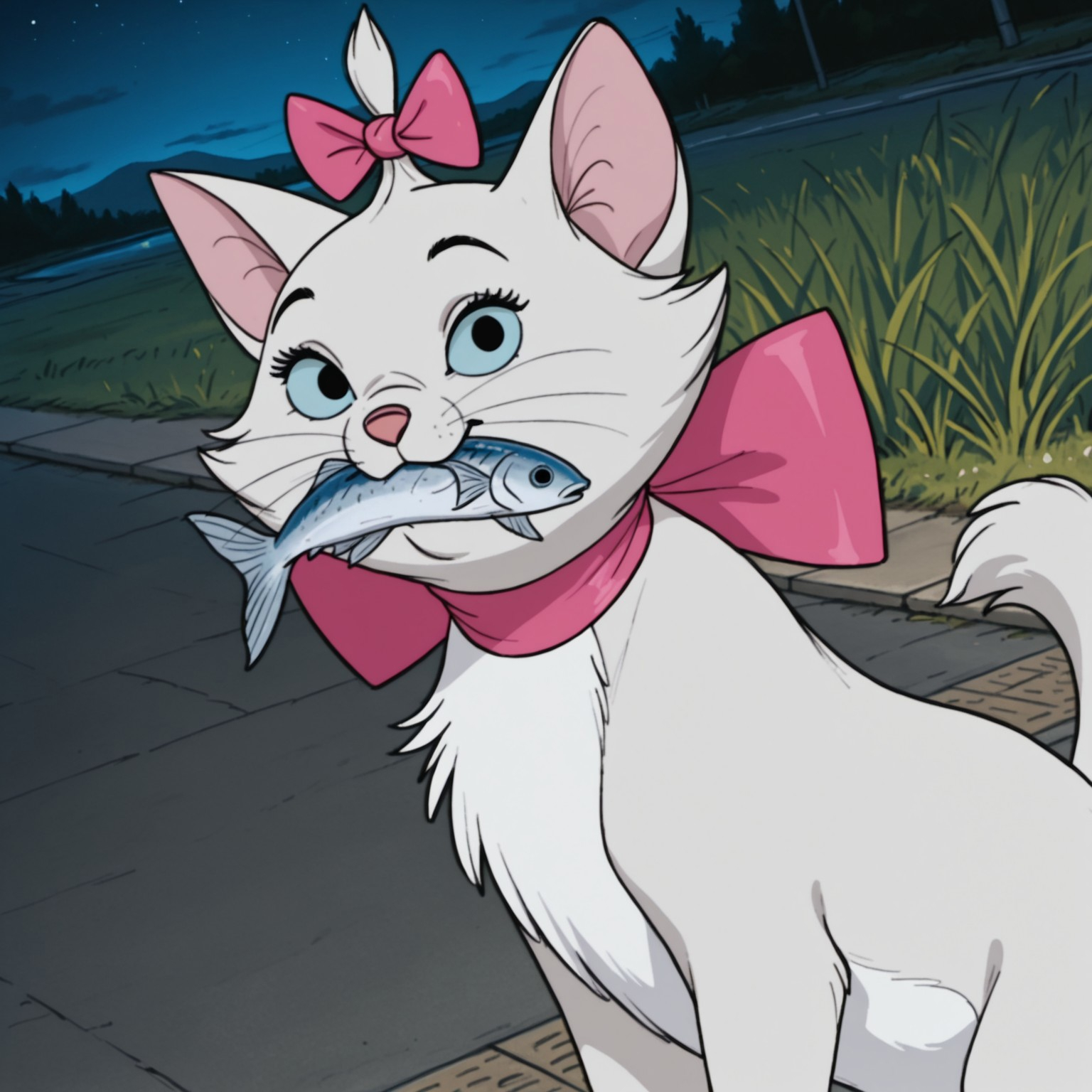 uncensored, masterpiece, best quality, highly detailed, realistic, solo, MarieAT, furry, feral, feline, cat, pink inner ear, black eyebrows, light-blue sclera, black eyes, pink nose, white body, white fur, white chest tuft, pink bow ribbon, neck bow, bow accessory, whiskers, medium tail, looking at viewer, night, sidewalk, grass, (fish in mouth, food in mouth), detailed background, dutch angle, side view, 4 fingers