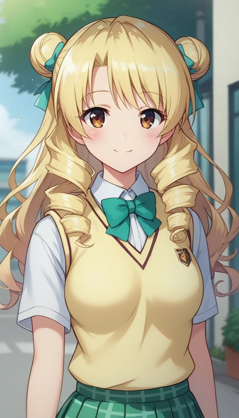 score_9,score_8_up,score_7_up,score_6_up BREAK official art,solo,outdoors,upper body,(portrait:1.5),looking at viewer,facing viewer,smile,blush,Tenjouin Saki,long hair,blonde hair,curly hair,double bun,twin drills,hair bow,hair ribbon,bangs,brown eyes,school uniform,sweater vest,yellow vest,white shirt,collared shirt,green bowtie,short sleeves,medium breasts,miniskirt,green skirt,plaid skirt,pleated skirt,black socks,loafers,<lora:Tenjoin Saki(tlr)-Pony:1.6>,