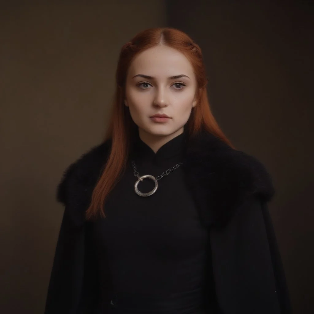 masterpiece, best quality, SansaStark, 1girl, solo, long hair, red hair, blue eyes, black dress, fur trim, cape, portrait, <lora:SansaStark_illustrious_Leaf2:1>