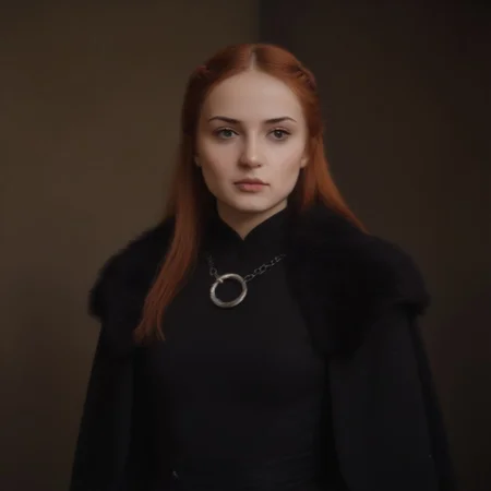 masterpiece, best quality, SansaStark, 1girl, solo, long hair, red hair, blue eyes, black dress, fur trim, cape, portrait, <lora:SansaStark_illustrious_Leaf2:1>