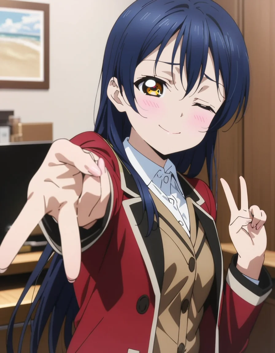 masterpiece, best quality, ultra detailed, highres,4k,(ultra-detailed:1.4) (illustration:0.5), (ray tracing,:0.8),(anime colored:0.7),(ai-generated:0.5), (anime screencap:0.8),
1girl,solo,
sonoda umi, love live!
smile,one eye closed,
<lora:gyaruvXL1:1>,gyaruv,
v,