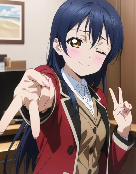 masterpiece, best quality, ultra detailed, highres,4k,(ultra-detailed:1.4) (illustration:0.5), (ray tracing,:0.8),(anime colored:0.7),(ai-generated:0.5), (anime screencap:0.8),
1girl,solo,
sonoda umi, love live!
smile,one eye closed,
<lora:gyaruvXL1:1>,gyaruv,
v,