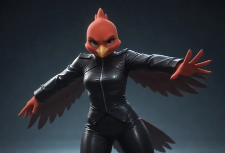 AnthroChick, zzCitronLegacy, score_9, score_8_up.
1girl, red beak, big wings, big feathers, leather outfit, wide shot, face focus, dynamic pose, soft lighting, bokeh, blurry background