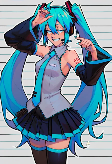 score_9, score_8_up, score_7_up, score_9,4k, HD, 8k, highres, BREAK, Sainttufa, 1girl, solo, smile, half closed eyes, small breasts, thighhighs, Hatsune Miku, long hair, twintails, cyan hair, headphones, thin, thighs, sleeveless shirt, tie, detached sleeves, skirt, dynamic pose