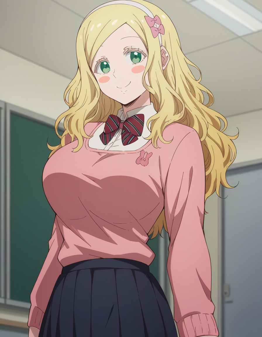 score_9, score_8_up, score_7_up, source_anime, <lora:carol-olston-s1-ponyxl-lora-nochekaiser:1>, carol olston, long hair, blonde hair, green eyes, bow, hairband, bowtie, blush stickers, large breasts,, skirt, thighhighs, school uniform, pleated skirt, sweater, white thighhighs, zettai ryouiki, pink sweater, pink cardigan,, indoors, smile, looking at viewer, solo,, cowboy shot, dutch angle