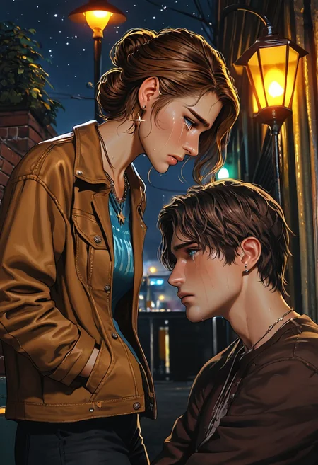 )A pretty girl sits close to the viewer, side view, sitting on a bench, at night, streetlamp, dark city sky, stars, girl wearing a broken necklace, crying, sad, brown updo, blue eyes, cute shirt, necklace, earrings, girl looking down, head and shoulders close up)
BREAK
(A man walks away from the girl, man's back to viewer, man in brown jacket, hands in his pockets, dramatic scene, emotional image, highest quality, detailed, man looking at girl, heartbreak)