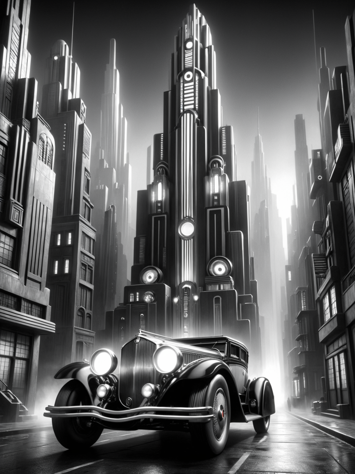 car, city, futuristic, stylized, art deco, expressionist, 1920s, black and white <lora:Metropolis_Movie_Style_SDXL:0.8> mad-ropolis-movie, (masterpiece:1.2), best quality, (hyperdetailed, highest detailed:1.2), high resolution textures