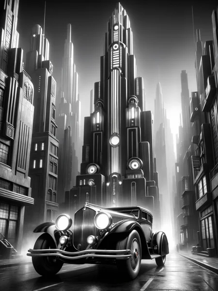 car, city, futuristic, stylized, art deco, expressionist, 1920s, black and white <lora:Metropolis_Movie_Style_SDXL:0.8> mad-ropolis-movie, (masterpiece:1.2), best quality, (hyperdetailed, highest detailed:1.2), high resolution textures
