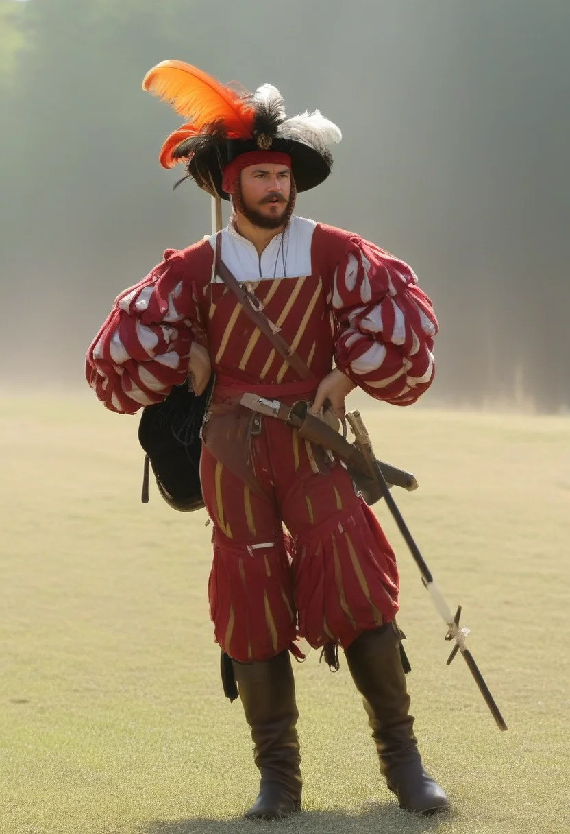 <lora:landsknecht-SDXL-000009:1> 1boy, boots, facial hair, hat, holding weapon, l4ndskn3cht, male focus, multiple boys, outdoors, plume, sheath, solo, weapon