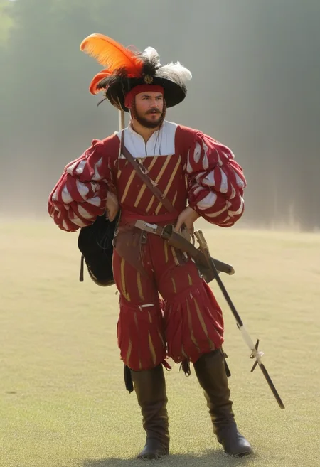 <lora:landsknecht-SDXL-000009:1> 1boy, boots, facial hair, hat, holding weapon, l4ndskn3cht, male focus, multiple boys, outdoors, plume, sheath, solo, weapon