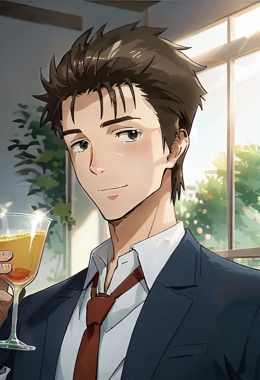 (score 9, score 8 up, score 7 up),((source anime, best quality, best aesthetic, perfect anatomy)),1boy,male focus,handsome detailed face,black eyes,blazer,collared shirt,slim body,skinny,necktie,solo,((Kind Smile, drawing bow, Morning sunlight, colourful glass, medium shot, angled)),<lora:Shinich:1>,shinichi,<lora:Smooth Anime 2 Style SDXL_LoRA_Pony Diffusion V6 XL:1>,<lora:aesthetic_anime_v1s:1>,