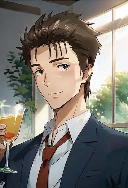 (score 9, score 8 up, score 7 up),((source anime, best quality, best aesthetic, perfect anatomy)),1boy,male focus,handsome detailed face,black eyes,blazer,collared shirt,slim body,skinny,necktie,solo,((Kind Smile, drawing bow, Morning sunlight, colourful glass, medium shot, angled)),<lora:Shinich:1>,shinichi,<lora:Smooth Anime 2 Style SDXL_LoRA_Pony Diffusion V6 XL:1>,<lora:aesthetic_anime_v1s:1>,