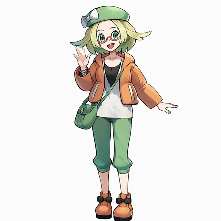 score_9, score_8_up, score_7_up, score_6_up, score_5_up, score_4_up, <lora:Bianca_Pokemon_BW2:1>, biancabw2, 1girl, solo, looking at viewer, smile, open mouth, simple background, shirt, long sleeves, hat, white background, bow, standing, collarbone, jacket, full body, white shirt, :d, shoes, tongue, pants, hand up, bag, white bow, semi-rimless eyewear, red-framed eyewear, under-rim eyewear, handbag, shoulder bag, waving, green headwear, pigeon-toed, green pants, orange footwear, glasses, blonde hair, green eyes, short hair, hat bow, orange jacket, open jacket