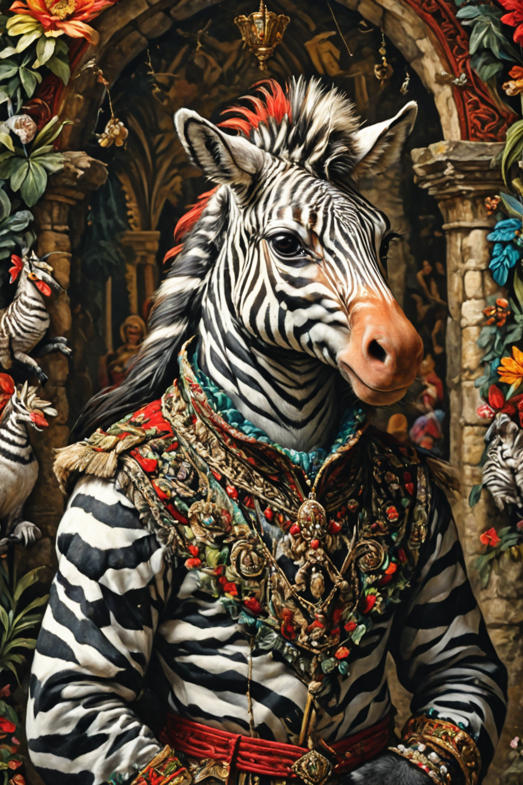 Detailed digital portrait of an anthro Zebra at a Vibrant tapestries adorning castle walls, <lora:xl_more_art-full_v1:0.5>,  <lora:The_Crazy_Style:0.7> <lora:anthro_muscular:0.7>