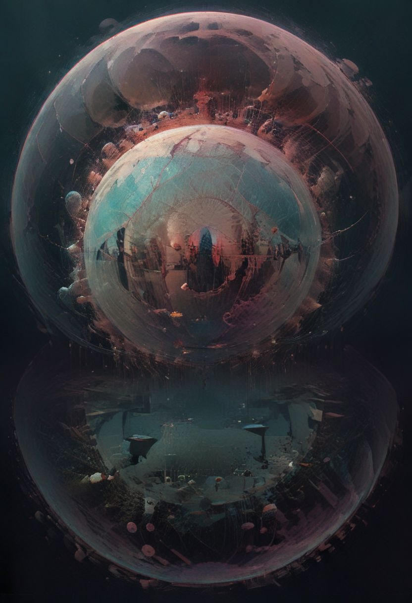 Surreal circles glitchcore, double exposure, poster style, geometric, circles and spheres, glitchy, eerie