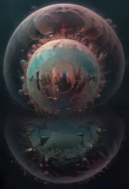 Surreal circles glitchcore, double exposure, poster style, geometric, circles and spheres, glitchy, eerie