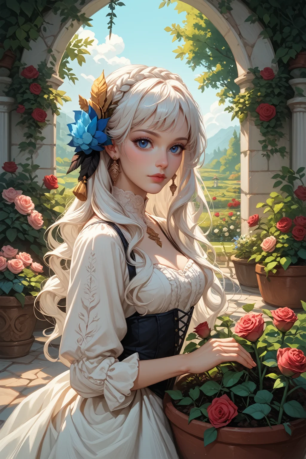 score_9, score_8_up, score_7_up,
<lora:OdinSphereGwendolyn:0.8>
OdinSphereGwendolyn, 1girl, white hair, long hair, blue eyes, hair ornament, looking at viewer, rose garden, gardening, floral background