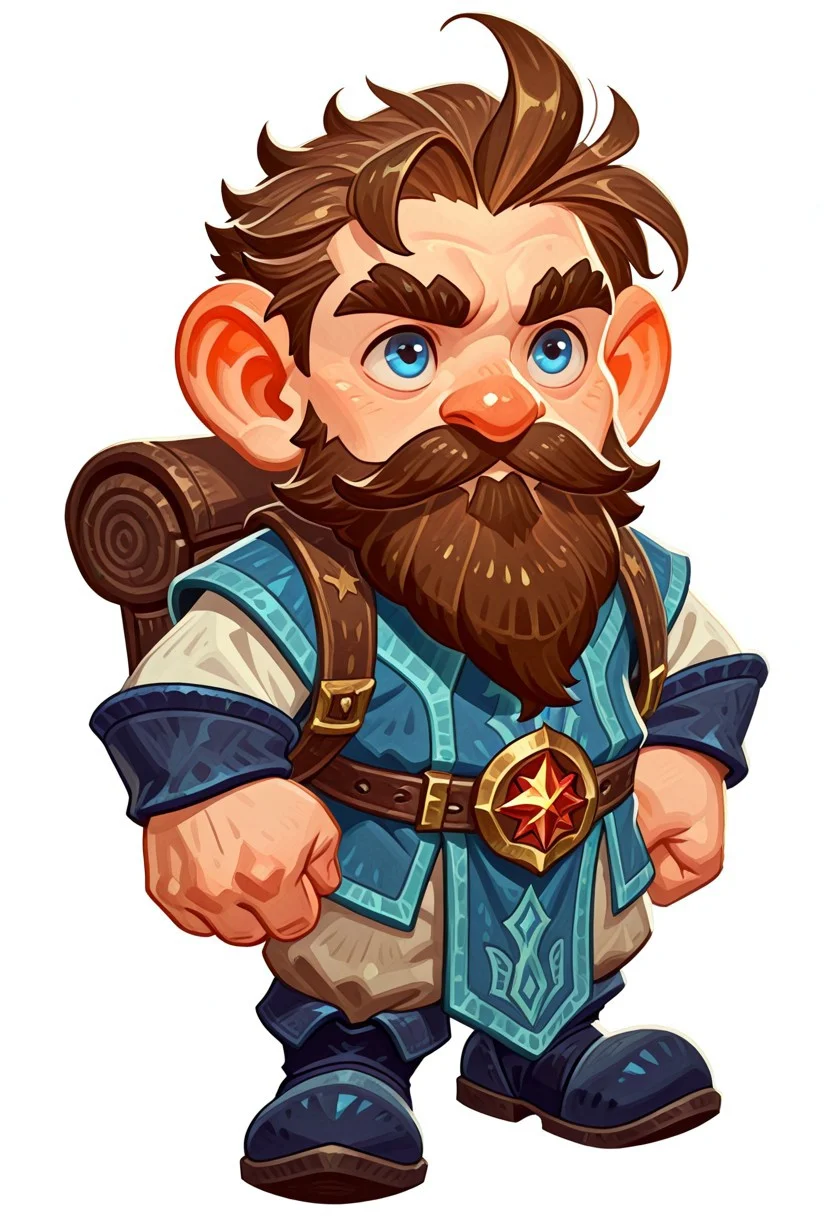 afkJourneyStyle, fantasy, medieval fantasy, fantasy world, simple background, white background, solo, one person, alone, gnome, short stature, shortstack, big eyes, big ears,1man, adult, brown hair, messy short hair, short beard, blue eyes, thick eyebrows, blue adventurer clothes, adventurer backpack, confident, standing pose