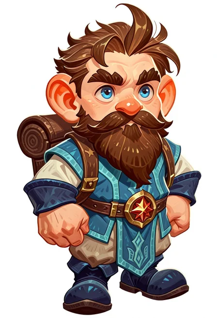 afkJourneyStyle, fantasy, medieval fantasy, fantasy world, simple background, white background, solo, one person, alone, gnome, short stature, shortstack, big eyes, big ears,1man, adult, brown hair, messy short hair, short beard, blue eyes, thick eyebrows, blue adventurer clothes, adventurer backpack, confident, standing pose