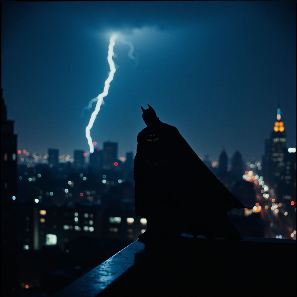 cinematic film still  <lora:Hollywood Cinematic Film style v1:1> high contrast, Hollywood Cinematic Film style 
The batman on ledge top in gotham city at night in a rainy day with lightning striking sky in an epic dc comic Hollywood Cinematic Film style scene . shallow depth of field, vignette, highly detailed, high budget, bokeh, cinemascope, moody, epic, gorgeous, film grain, grainy